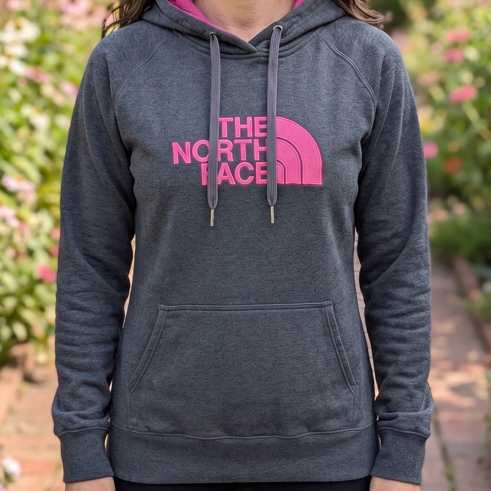 The North Face Womens Grey Pink Logo‎ Pullover Hoodie Sweatshirt 5582